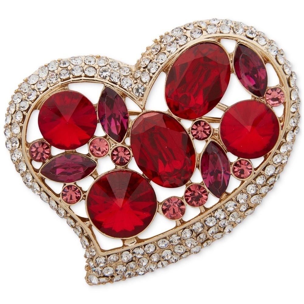 Anne Klein Gold-Tone Pave & Color Stone Artistic Heart Pin Red  Heart Brooch